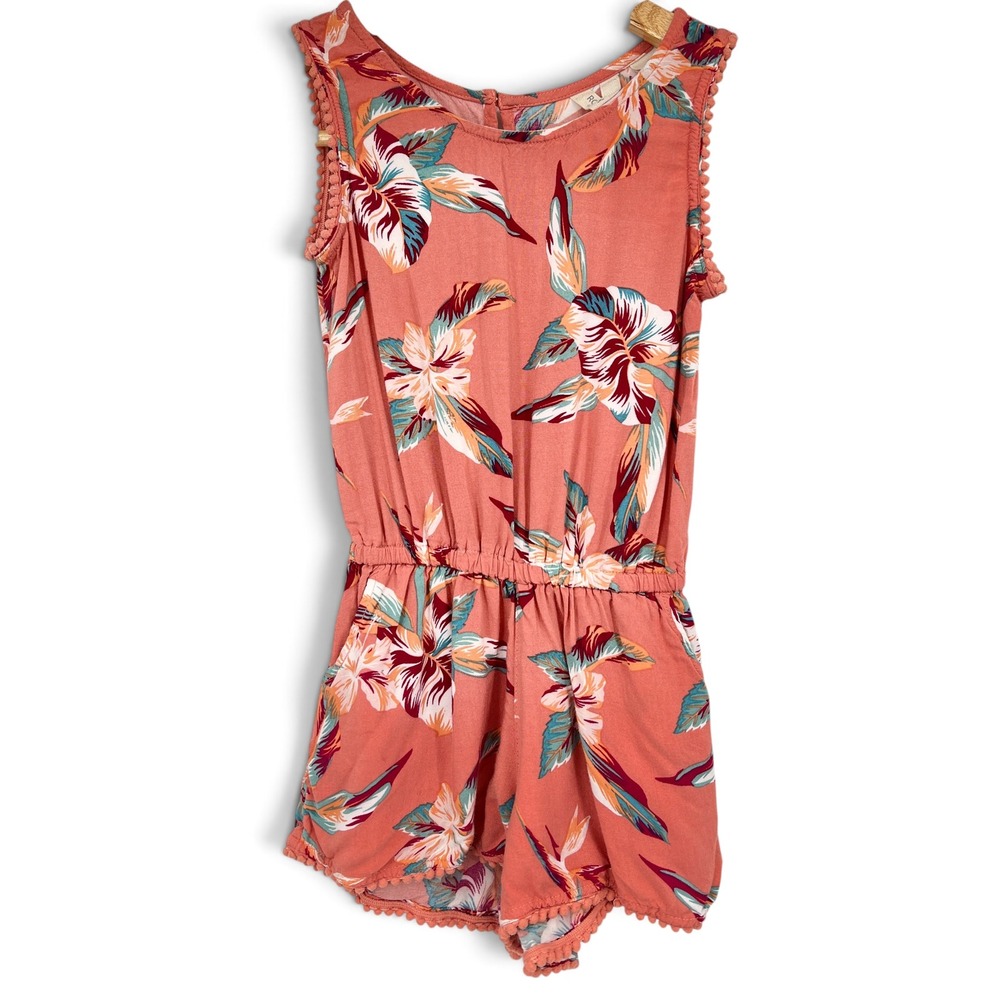 Roxy Girls Size 6 Romper Tropical Floral Coral Beach Vacation Sleeveless Pom Pom